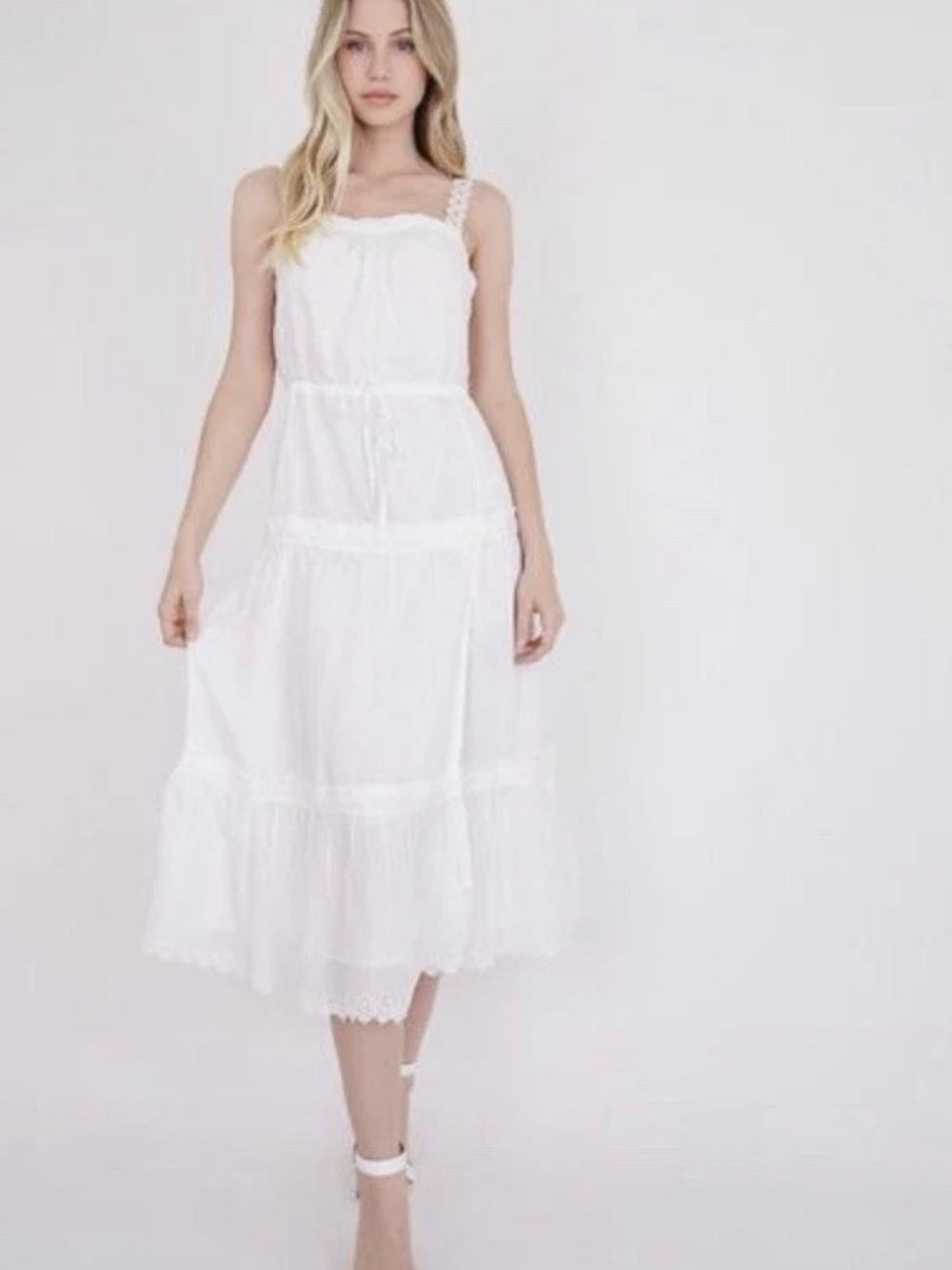 PAIGE White Lace-Trim Drawstring Tiered Midi Dress